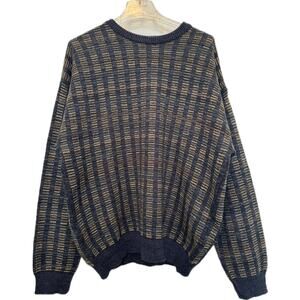 Men's Vintage Fenzia Plaid Striped Crewneck Sweater, Large, Blue Tan Taupe